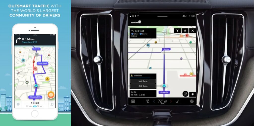 The Waze app on mobile and on Android Automotive OS. 