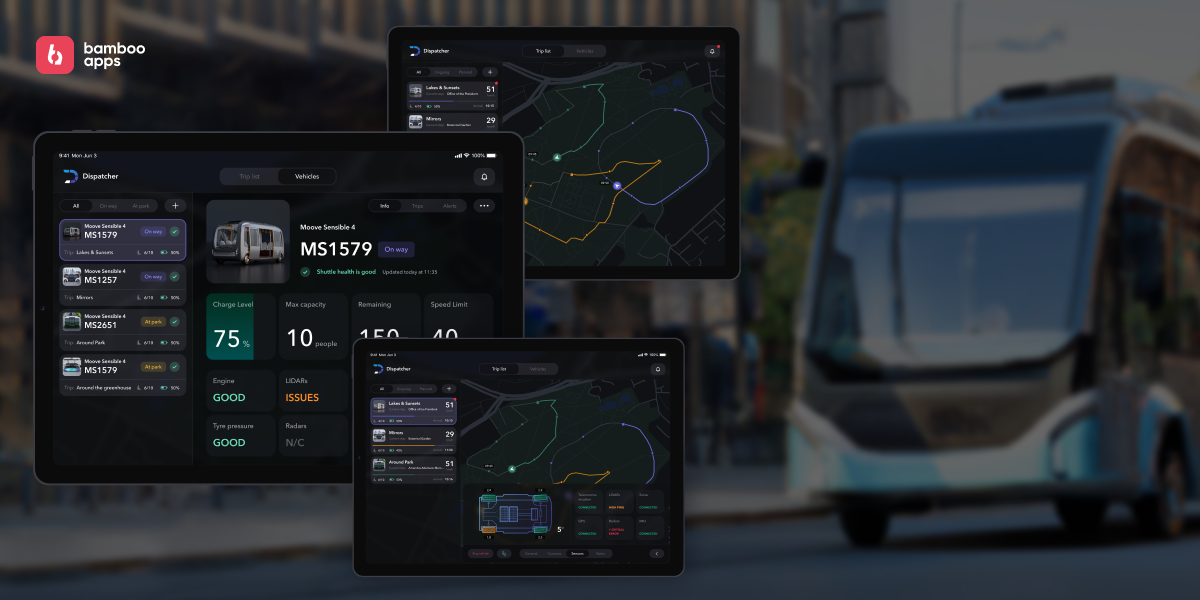 Dispatcher tablet app for managing smart shuttles with routes and diagnostics - concept image