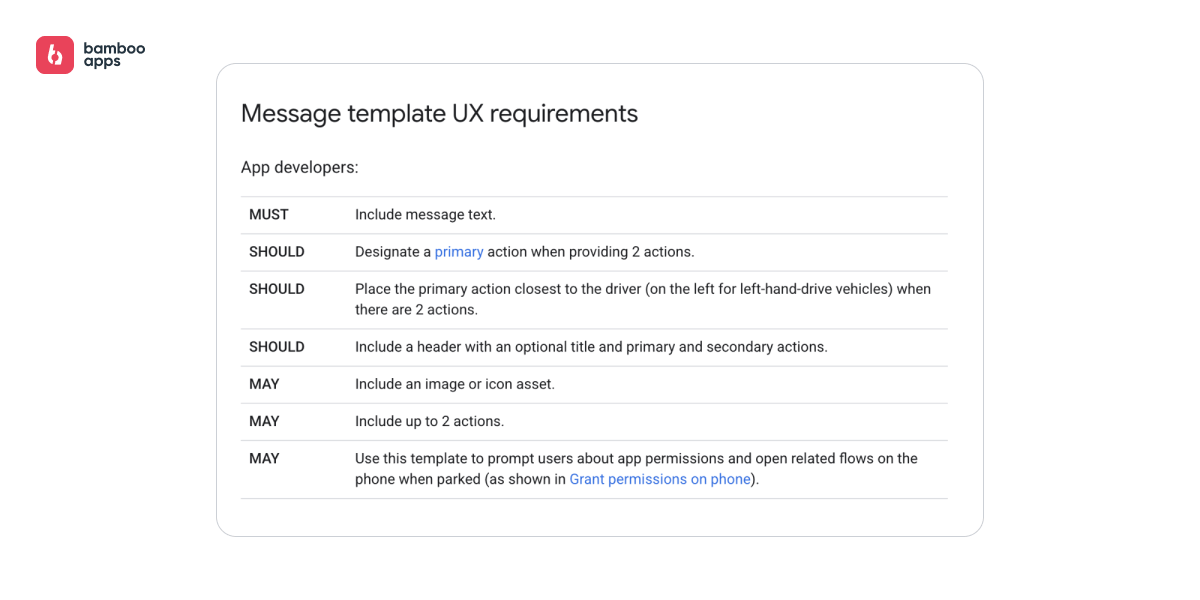 Message template UX requirements by Android Auto