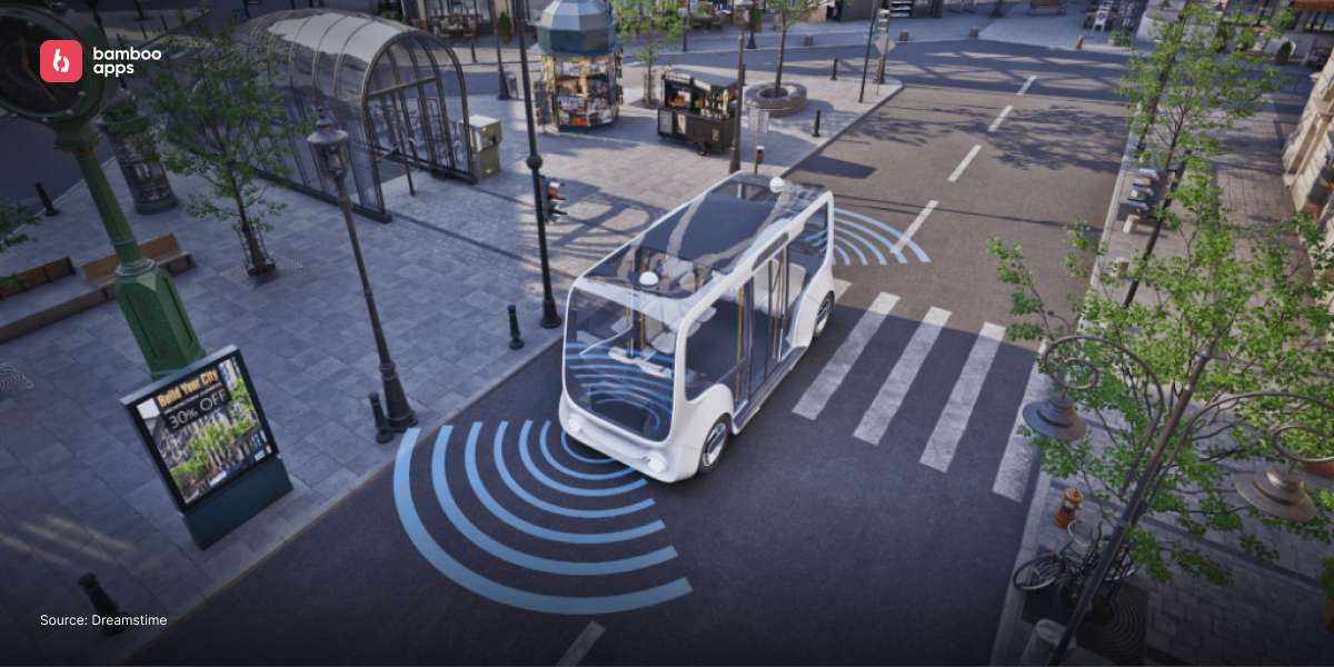 Autonomous shuttle with sensor signals driving through a city crosswalk