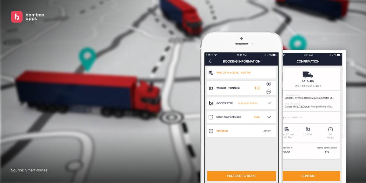 Booking app on phone with logistics map
