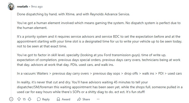 Comment on Reddit about challenges of manual and system-based dispatching