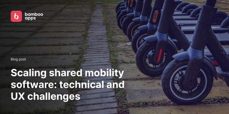 Poster of the article: electric scooters lined up outdoors, symbolising shared mobility software scaling