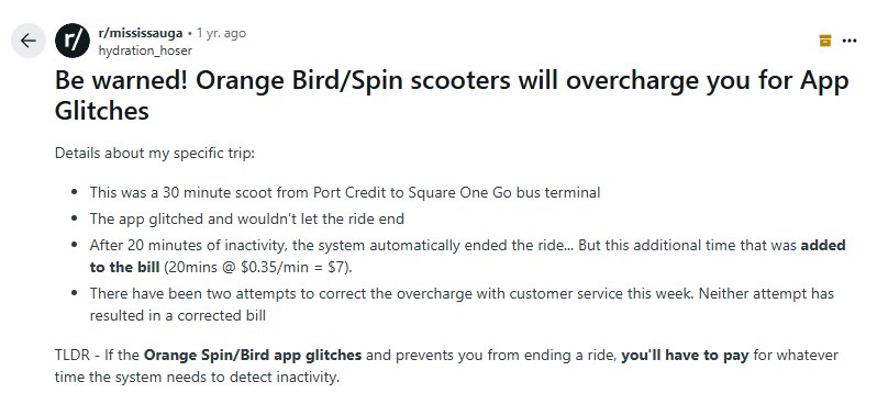 Reddit post warning that Bird and Spin scooters may overcharge users due to app glitches