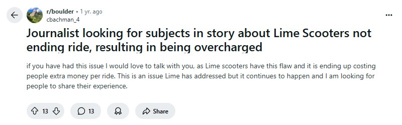 Reddit post where a journalist seeks stories about Lime scooters not ending rides and overcharging users