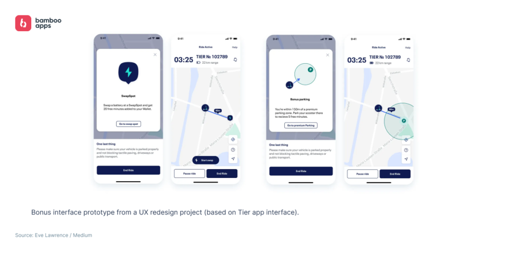 Prototype screens of the bonus system from a UX redesign of the Tier e-scooter app