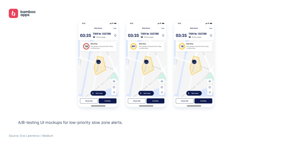 A/B testing UI mockups of slow zone alerts in the Tier e-scooter app