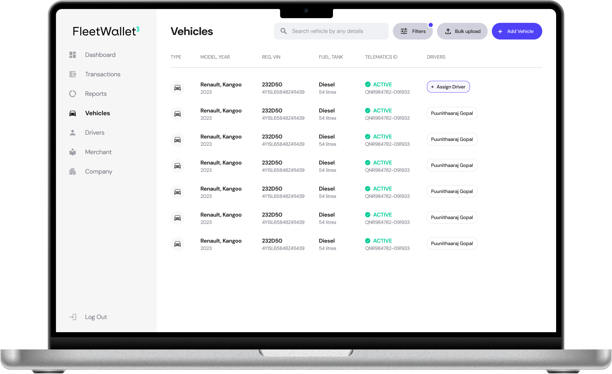 Fleet Wallet vehicles